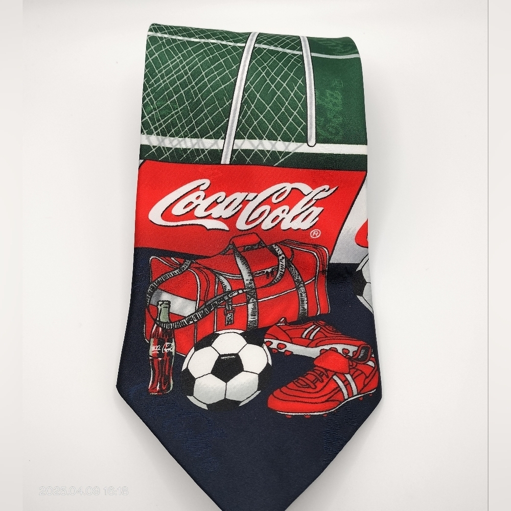 Coca Cola Men's Red and Green Tie Soccer Football Sports Whimsical Classic